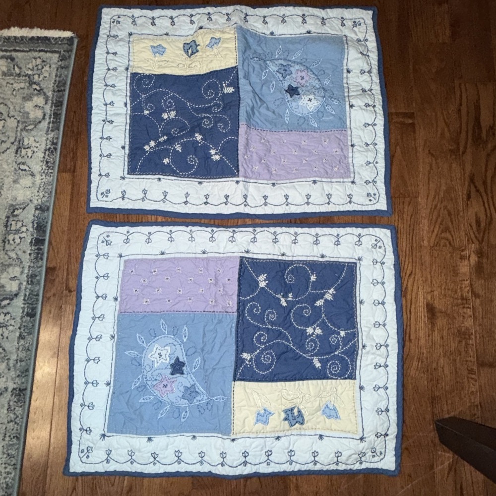 POTTERY BARN Set 2 Embroidered Organic Cotton Standard Pillow Shams Blue Shades